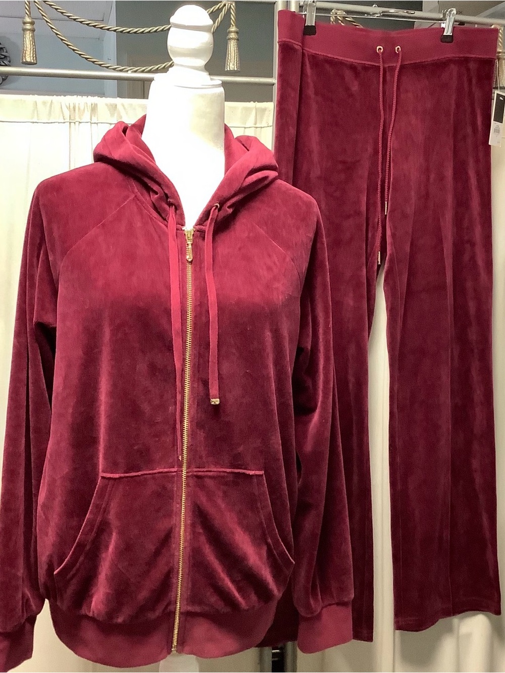 Juicy Couture Velour Oversized Zip Hoodie & Drawstring Pants Set - Deep Wine